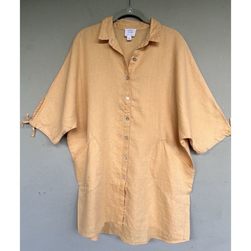 Sigrid Olsen Linen Tunic Top Size M Yellow Button Up Tie Sleeve Oversize Coastal